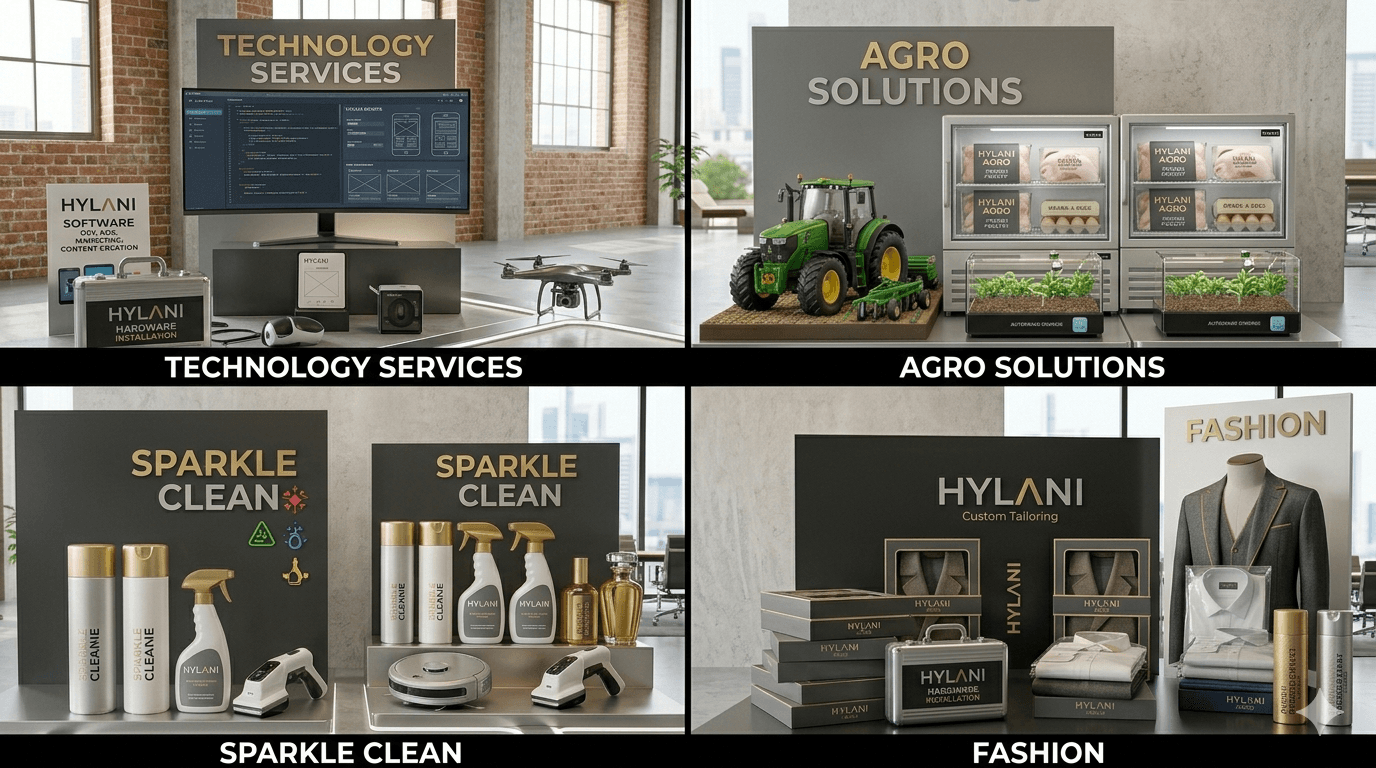 HYLANI sector grid covering TECH, Agro, Sparkle clean, and Fashion